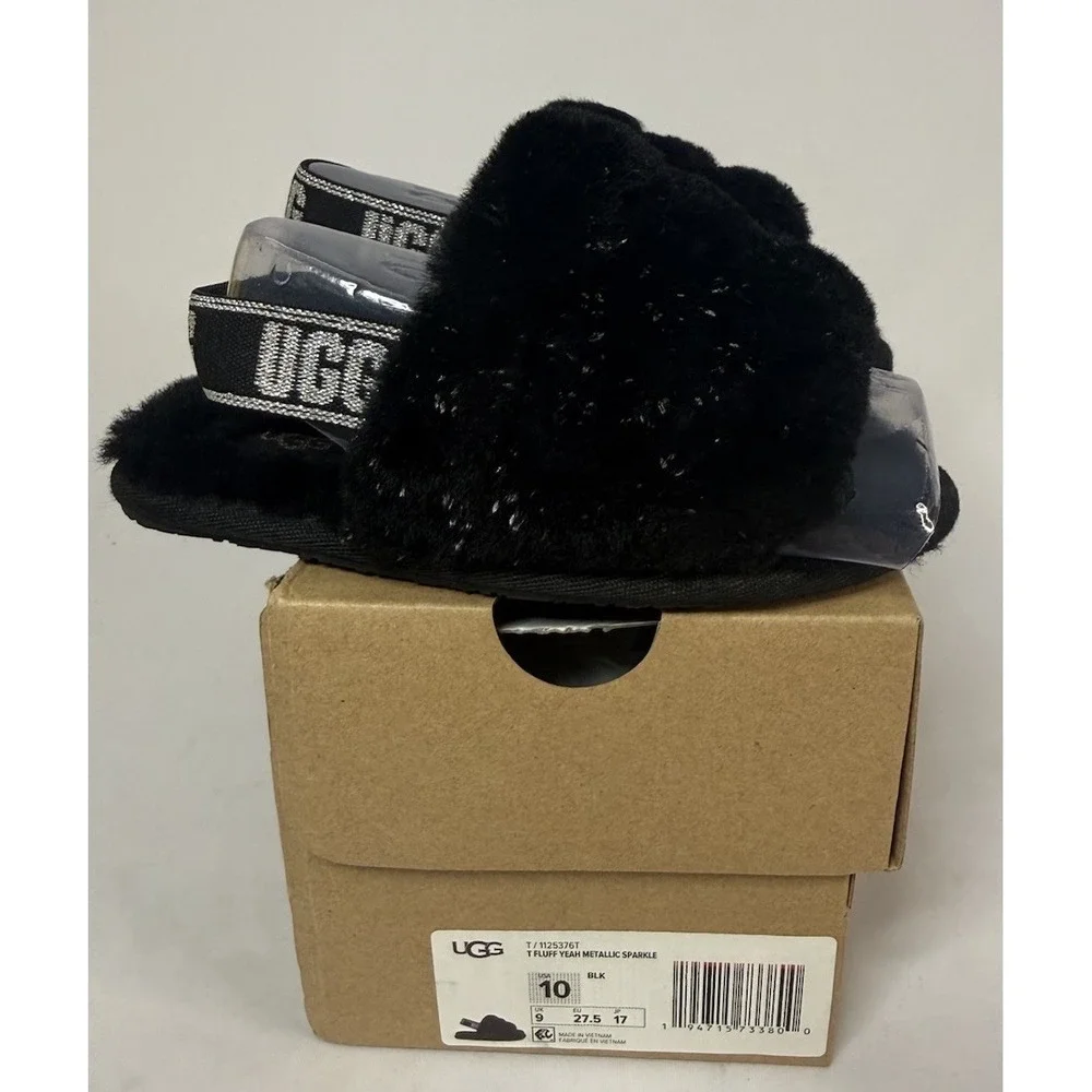 Ugg Fluff Yeah Black Sparkle L Slip On Slide Platform Sandal Girls Size 10